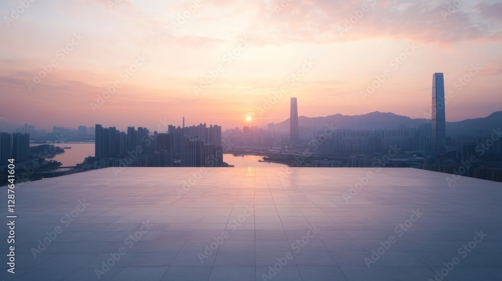 Naklejka premium Sunrise Cityscape: Panoramic View from Elevated Platform