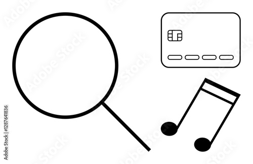 Magnifying glass, credit card, and musical note outline. Ideal for research, finance, music, technology, online shopping search engines creativity. Line metaphor