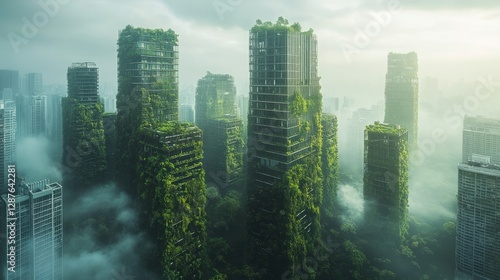 A serene green city where skyscrapers are overrun with vegetation, creating a futuristic yet peaceful urban landscape  photo