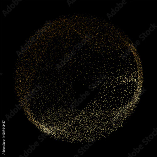 Abstract vector dot particles fluid flowing round shape wavy smooth curve gold gradient light on black background in concept of luxury, technology, science, music, modern.