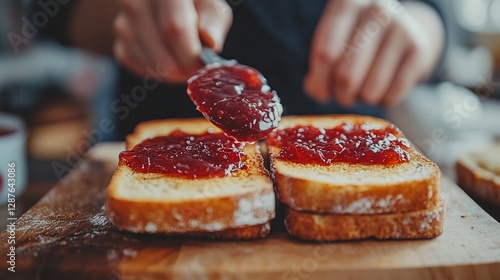 A person is spreading delicious jam onto slices of toast