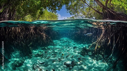 22.A dense mangrove forest with intricate root systems above the water, home to crabs and small fish darting through the shallows.
