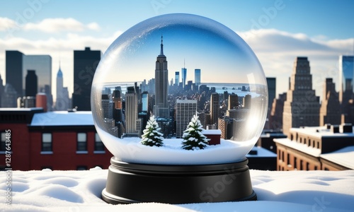 New york skyline in winter snow globe with iconic skyscrapers and snowcovered cityscape