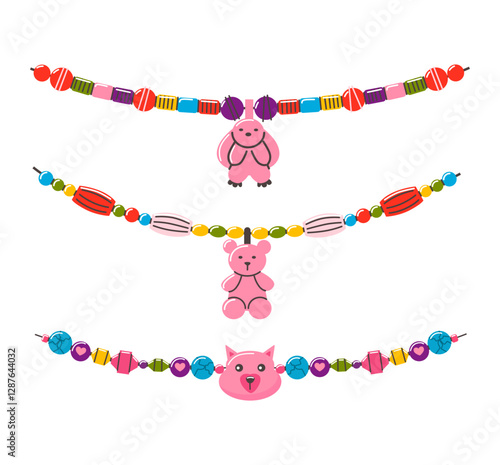 Friendship bracelet vector set. Handmade jewelry. Doodle illustration. 