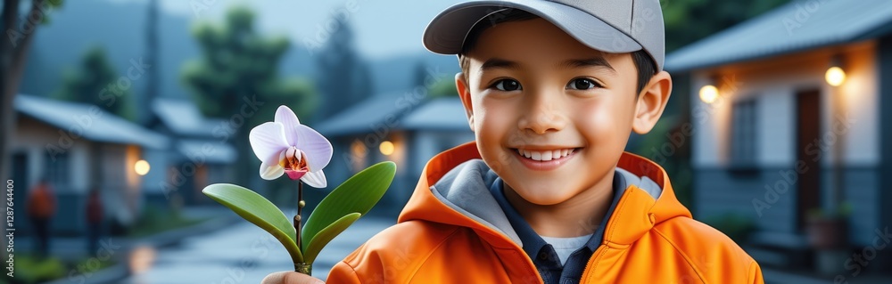 Smiling boy holding white orchid outdoors in cozy neighborhood Smiling boy holding white orchid outdoors in cozy neighborhood