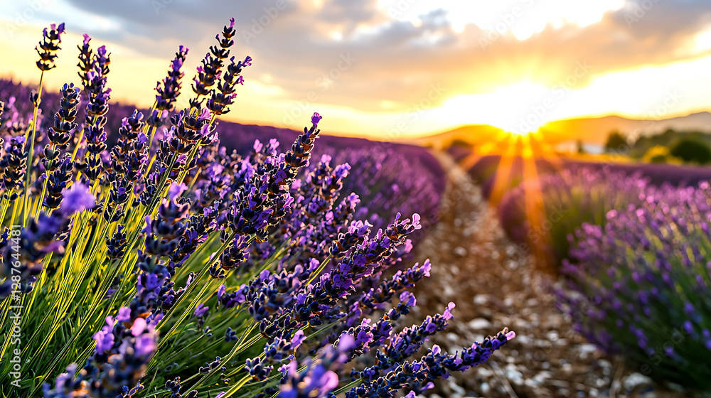 Obraz premium A field of lavender flowers with the sun shining on them. generated using AI