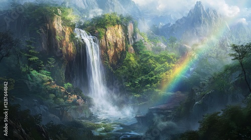 41.A majestic waterfall cascading down a rocky cliff, surrounded by dense greenery and mist creating a rainbow.