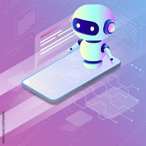 Isometric view of a smartphone and chatbot on purple technological background. Ideal for technology designs. Abstract digital device interface technology. 3D mobile phone and robot, isometric view.