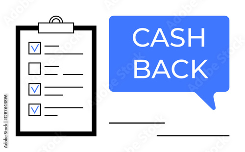 Clipboard with checklist and three checkmarks next to blue speech bubble with the text Cash Back. Ideal for financial planning, rewards, budgeting, savings, incentives, customer loyalty, personal