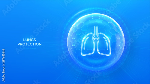Lungs care and protection. Healthy lungs medical concept. Human respiratory system anatomy lungs organ icon inside protection sphere shield with hexagon pattern on blue background. Vector illustration