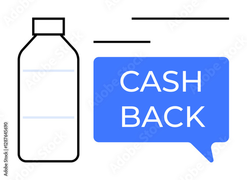 Bottle outline, blue speech bubble with CASH BACK text. Ideal for promotions, shopping rewards, saving money, recycling incentives, loyalty programs, cashback offers, marketing campaigns abstract