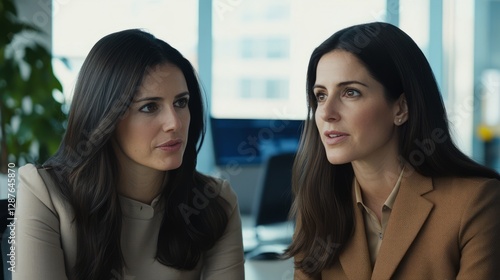 Two dark-haired women sat side by side at the computer, talking intently abou...