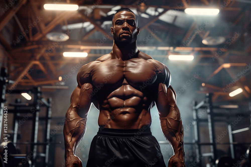 Full-Body Shot of a Powerful Bodybuilder in Gym Full-Body Shot of a Powerful Bodybuilder in Gym