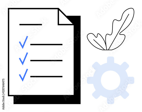 Checklist with blue checkmarks, a gear, and a leaf represents task completion, productivity, eco-friendliness, project management, efficiency, organization and sustainability. Ideal for business