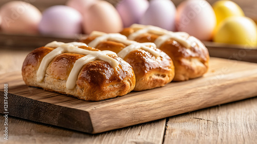 hot cross buns freshly baked, resting on a rustic wooden board surrounded by pastel eggs