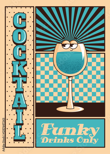 Groovy character cocktail. Retro poster, flyer with alcoholic or nonalcoholic beverage. Vintage vector illustration 70s, 80s style for cafe, bar, lounge. Blue colors