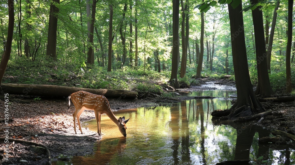 77.A serene forest glade with a small creek, dappled sunlight filtering through the leaves, and a deer drinking from the water. 77.A serene forest glade with a small creek, dappled sunlight filtering through the leaves, and a deer drinking from the water.