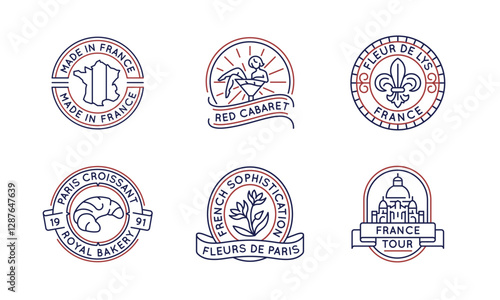 French culture and landmarks logos, labels, icons. A set of 6 french logotypes like Fleur de Lys, baguette, cabaret, gallic cock. For travel agencies, french bakeries, wineries. Vector illustration