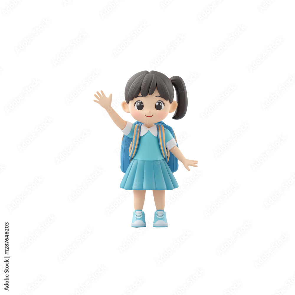 Cheerful Schoolgirl with Backpack and Blue Outfit in 3D Style Cheerful Schoolgirl with Backpack and Blue Outfit in 3D Style