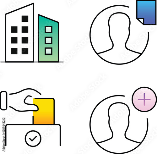 App icon set of Building, real estate, ballot vote, and add user. Tech modern collection