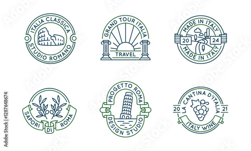 Italian cuisine and culture logos, labels, icons. A set of 6 italian logotypes. Wine, pizza, olive. For branding restaurants, travel agencies, wine bars, Italian food products. Vector illustration