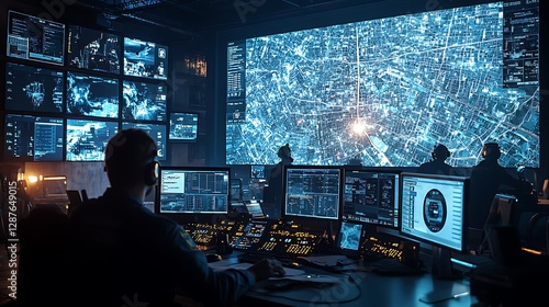 An emergency support center at peak hours, call center agents rapidly coordinating first responders, a large digital map of the city showing live incident locations,