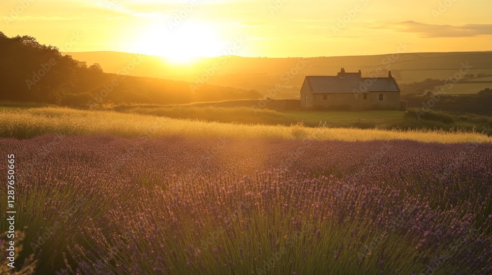 Fototapeta premium 40.A vibrant field of lavender under a golden sunset, with a quaint stone cottage in the distance.