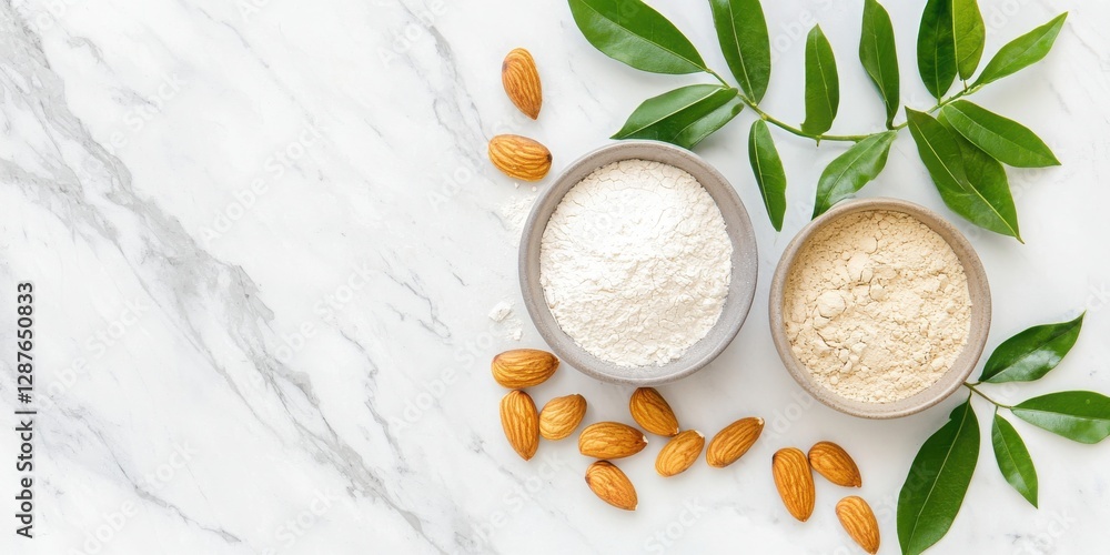 Two bowls of flour sit beside almonds and green leaves on a marble surface, creating a fresh and natural culinary aesthetic. Two bowls of flour sit beside almonds and green leaves on a marble surface, creating a fresh and natural culinary aesthetic.