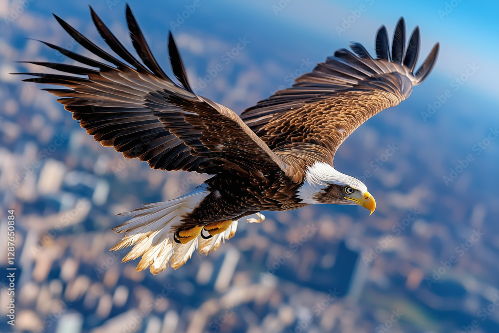 Obraz premium Majestic bald eagle soaring over cityscape