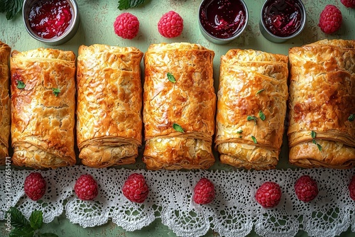 Golden puff pastries with fresh raspberries and raspberry jam photo