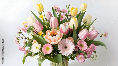 A stunning bouquet of fresh spring flowers, including tulips, daisies, and roses, arranged in a harmonious blend of pastel and vibrant colors, perfect for floral decor and seasonal celebrations.