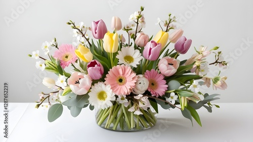 A captivating floral arrangement featuring a mix of colorful spring flowers, elegantly displayed in a fresh and lively composition, ideal for seasonal decor and botanical themes.
