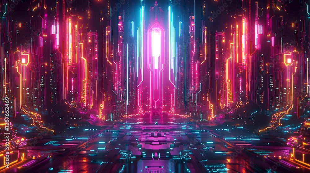 Fototapeta premium A futuristic circuit board glowing with radiant neon colors, abstract pathways and nodes representing economic data flow, vibrant gradients of teal and magenta,