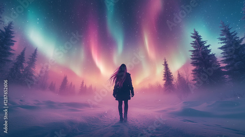 A lone woman silhouetted against a breathtaking aurora borealis, feeling the magic of a winter night under a sky painted with vibrant, ethereal colors.
