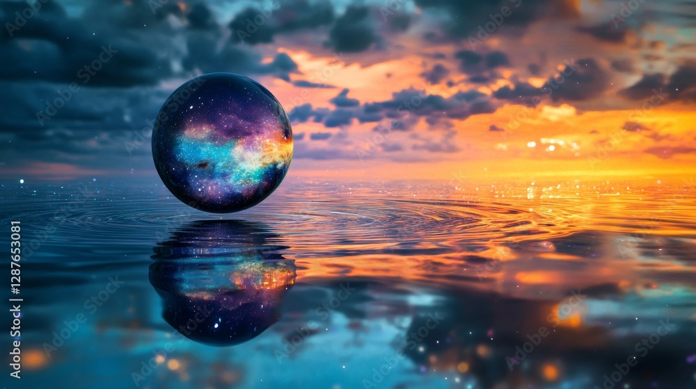 Surreal galaxy sphere floating on reflective water at sunset, vibrant colors and cosmic atmosphere. Mystical and abstract universe concept Surreal galaxy sphere floating on reflective water at sunset, vibrant colors and cosmic atmosphere. Mystical and abstract universe concept
