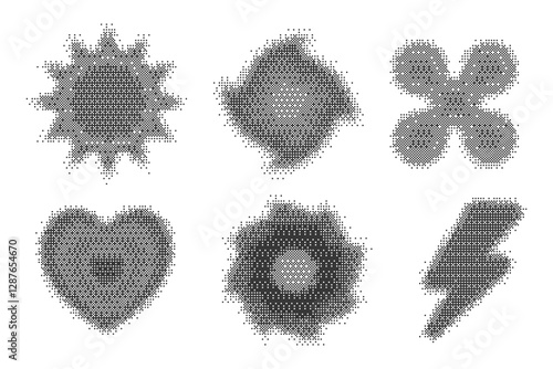 Pixel pattern shapes. Textured heart flower and star with bitmap Y2k dither gradient. Retro vector star with old computer game graphic effect. Halftone grunge illustration