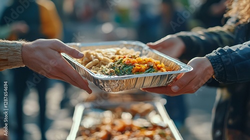 Someone giving food to another person in a food distribution setting