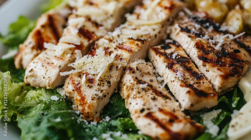 Grilled Chicken Breast Slices on a Bed of Fresh Green Lettuce Grilled Chicken Breast Slices on a Bed of Fresh Green Lettuce