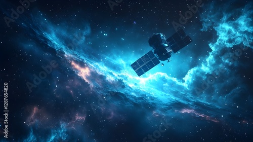 A satellite is floating in space against a backdrop of a vibrant, colorful nebula with stars scattered throughout the scene.