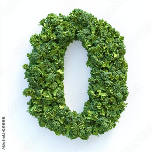 Number 0 made of bright green broccoli florets with natural texture and organic curves isolated on a clean white background