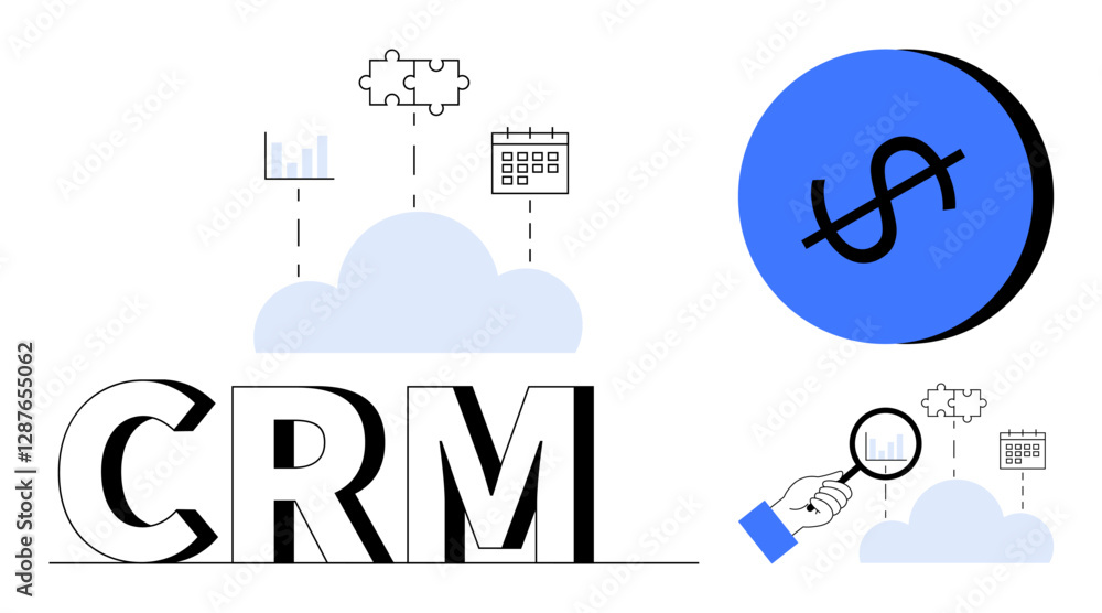 Large CRM text with cloud, calendar, puzzle, and bar chart elements. Right side has dollar sign on blue circle, magnifying glass over cloud. Ideal for business strategy, customer management, cloud Large CRM text with cloud, calendar, puzzle, and bar chart elements. Right side has dollar sign on blue circle, magnifying glass over cloud. Ideal for business strategy, customer management, cloud