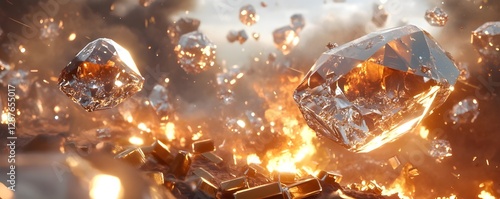 a chaotic scene of burning debris and large, glowing fragments amidst flames and smoke.