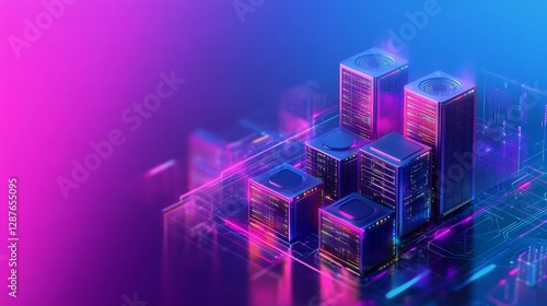 Wallpaper Mural Futuristic Data Center Concept with Neon Lights and Technological Infrastructure in Purple and Blue Torontodigital.ca