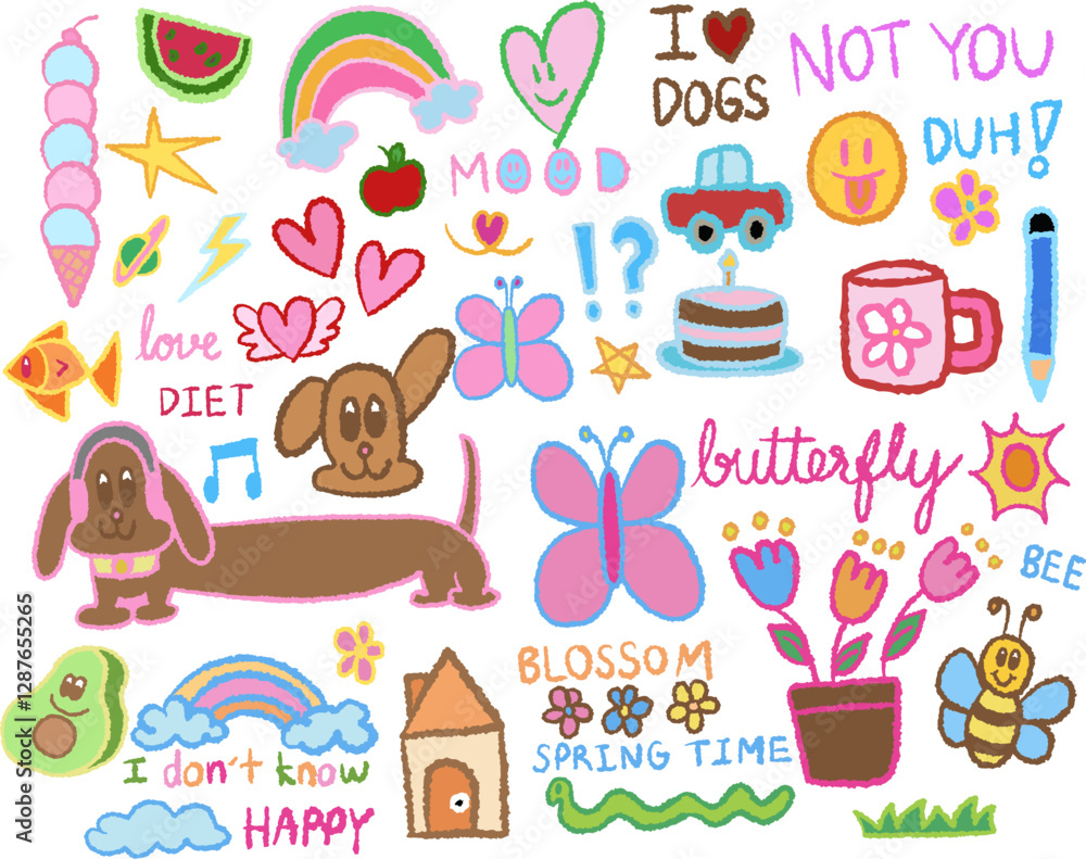 Hand drawn crayon illustration of dachshund puppy, butterfly, rainbow, ice cream cone, car, home, flower, avocado, watermelon, bee, sun for cute drawing, cartoon, sticker, animals, pet, summer, tattoo Hand drawn crayon illustration of dachshund puppy, butterfly, rainbow, ice cream cone, car, home, flower, avocado, watermelon, bee, sun for cute drawing, cartoon, sticker, animals, pet, summer, tattoo