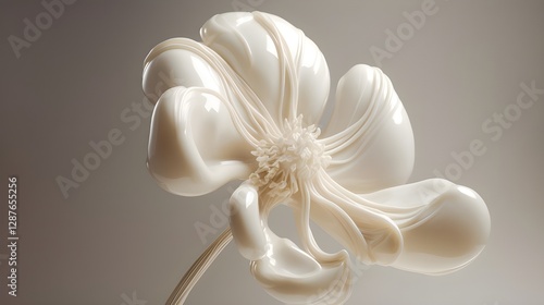 a close-up of a white, glossy, abstract flower sculpture with smooth, flowing petals and intricate central details, set against a neutral background.