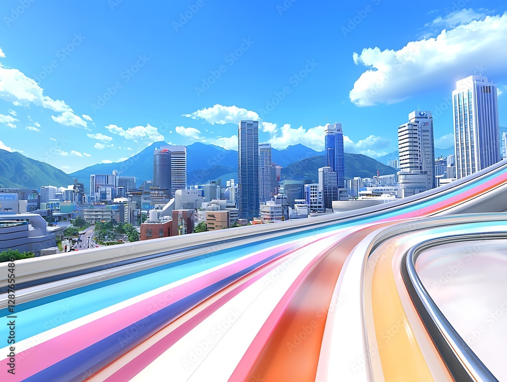 Fototapeta premium Colorful Cityscape with Modern Buildings and Vibrant Sky, Urban Landscape and Scenic View