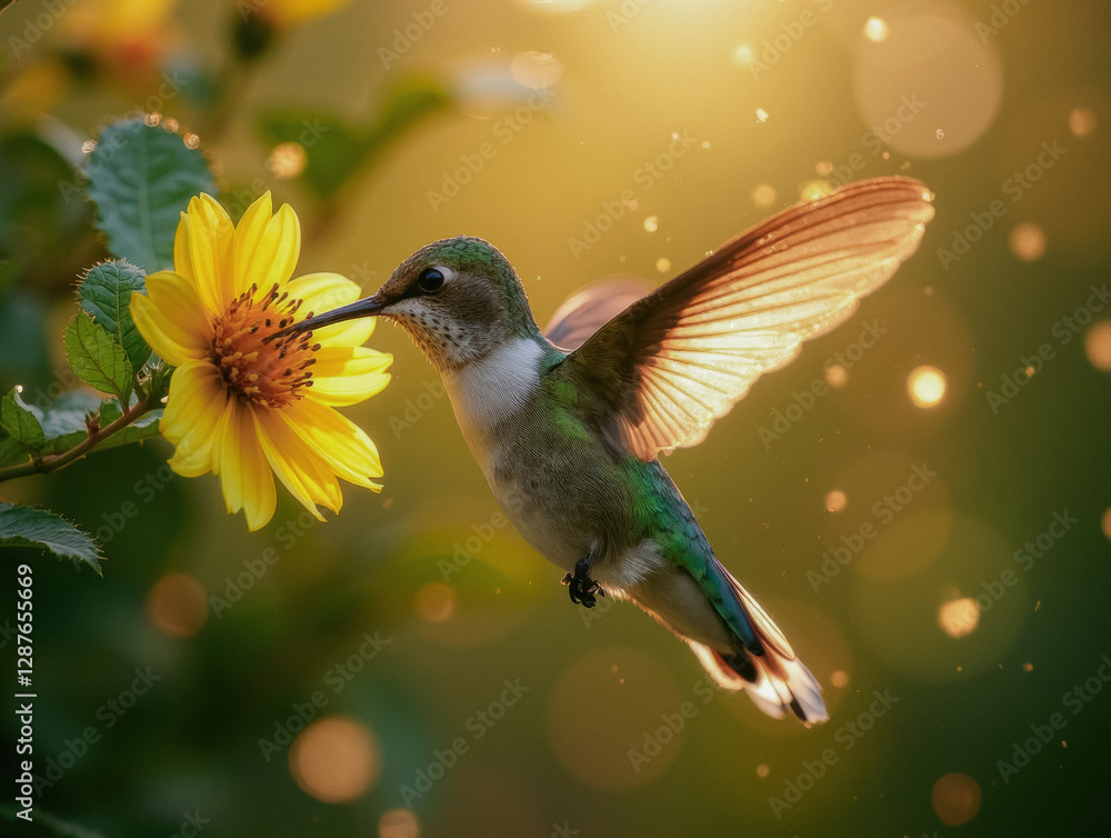 Obraz premium Hummingbird feeding on yellow flower at sunrise for nature and wildlife enthusiasts