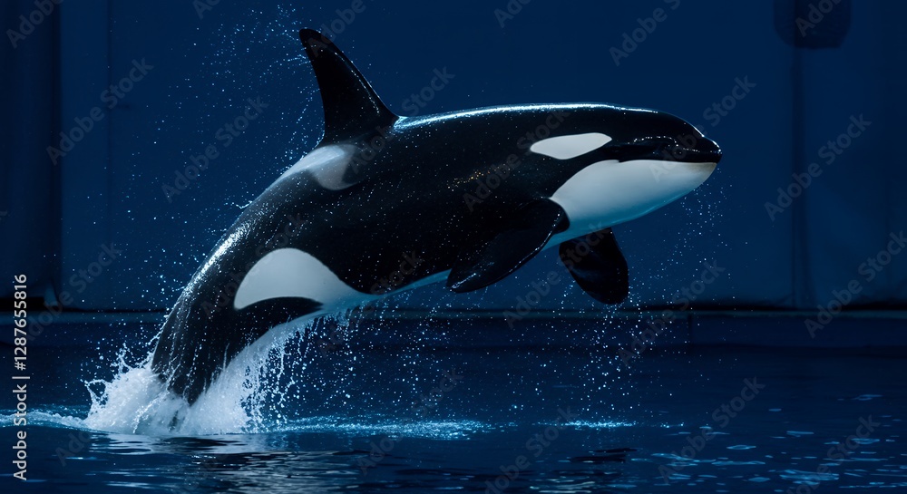 Obraz premium Killer whale powerfully leaps out of the water with splash
