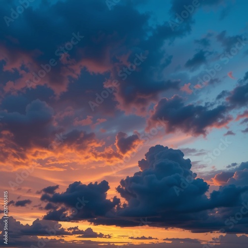Background of the notion of a colorful sky: A dramatic sunset with clouds and a twilight sky.