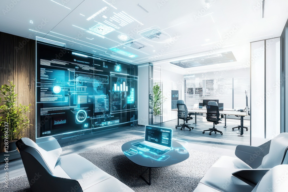 Augmented reality enhances resource management in a modern office environment.